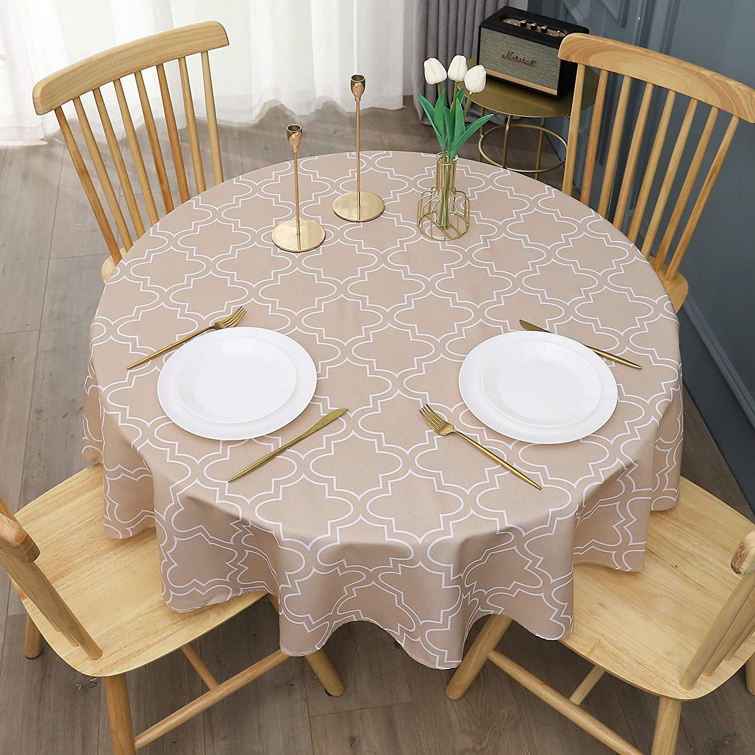 70 Inch Round Geometric Tablecloth, Polyester SpillProof Water