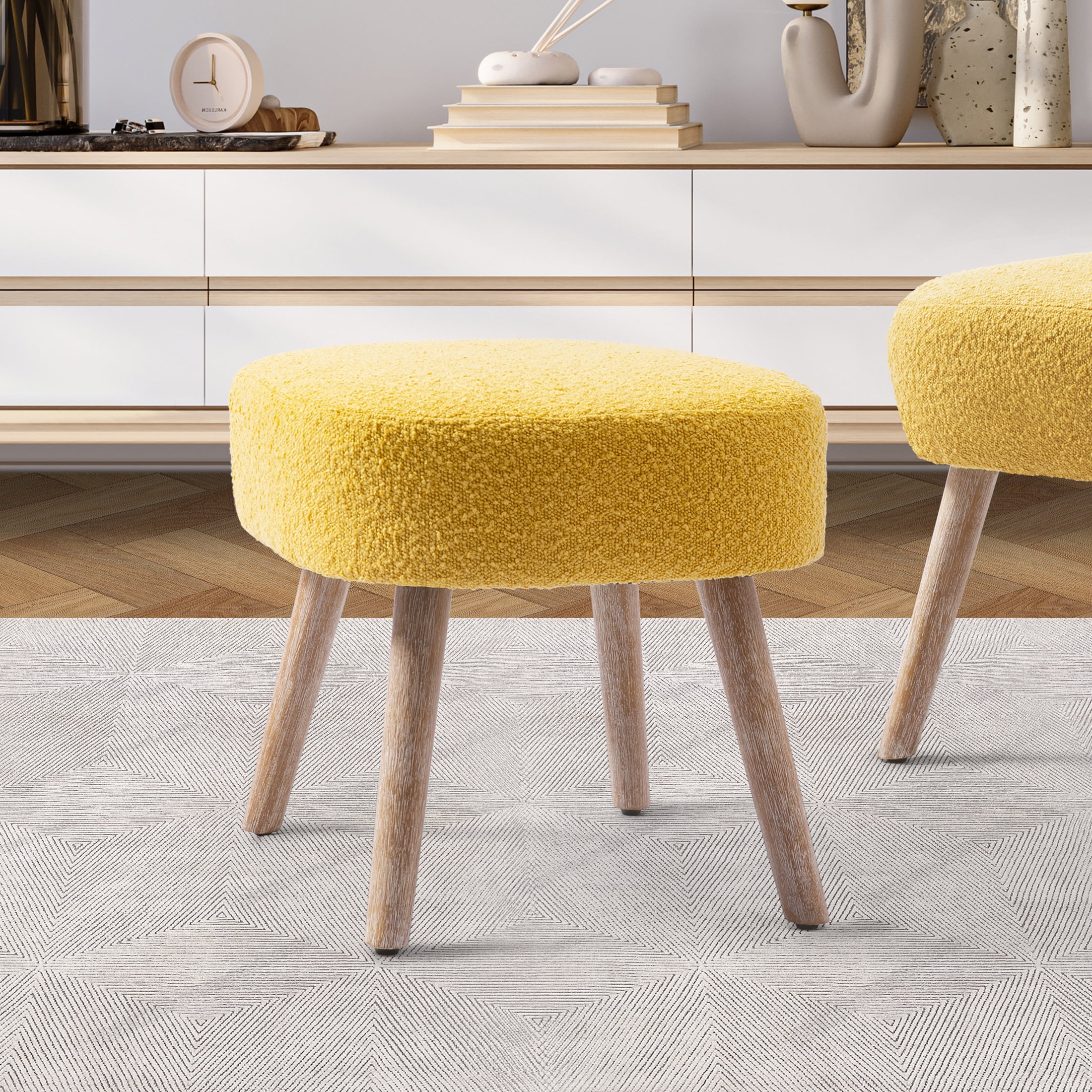 Mid-Century Modern 16.5" Tall Water and Stain Resistant Boucle Fabric Upholstered Ottoman with Wooden Legs, Mustard