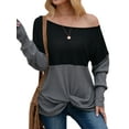 thumbnail image 4 of Women Color Block Crew Neck Long Sleeve Knot Hem Top, 4 of 6