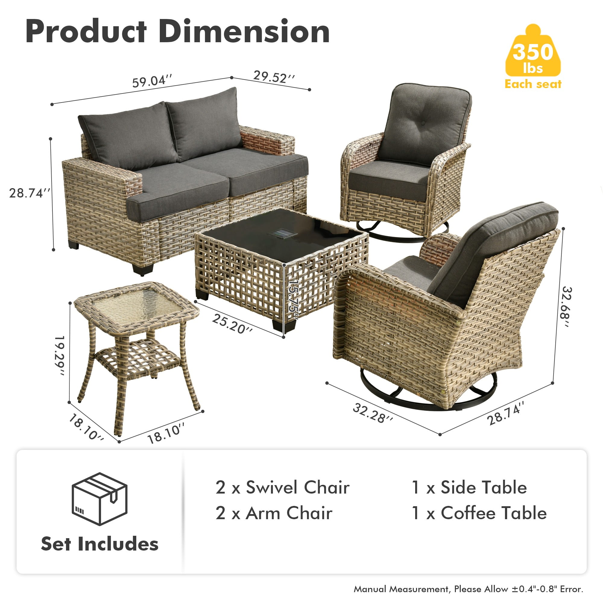 XIZZI Outdoor Patio Furniture Sets, 6 Pieces Outdoor Sectional wicker patio furniture with Coffee Table and Swivel Chairs, All-Weather Conversation set for Porch, Black