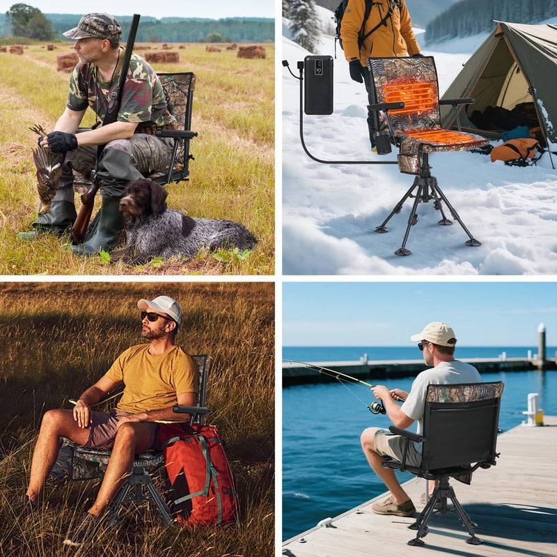 Heated Silent Swivel Hunting Chair with 360 Degree Rotating, Adjustable Height, Armrests, No-Sink Feet & Shoulder Strap | Turkey Hunting, Blind Chair for Deer, Observation, Outdoor Rest