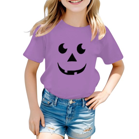 Gunia Halloween Kids Shirt Cotton Pumpkin Graphic Print Short Sleeve Crew Neck Casual Thanksgiving Tees Tops Toddler Boy Girl T-Shirts Purple 1-13 Years