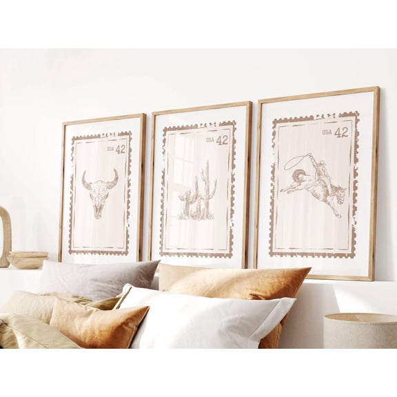Retro Western Stamp Poster Trendy Cowgirl Wall Art Cowboy Aesthetic V2 Set 3 Unframed Paper Print 8x12