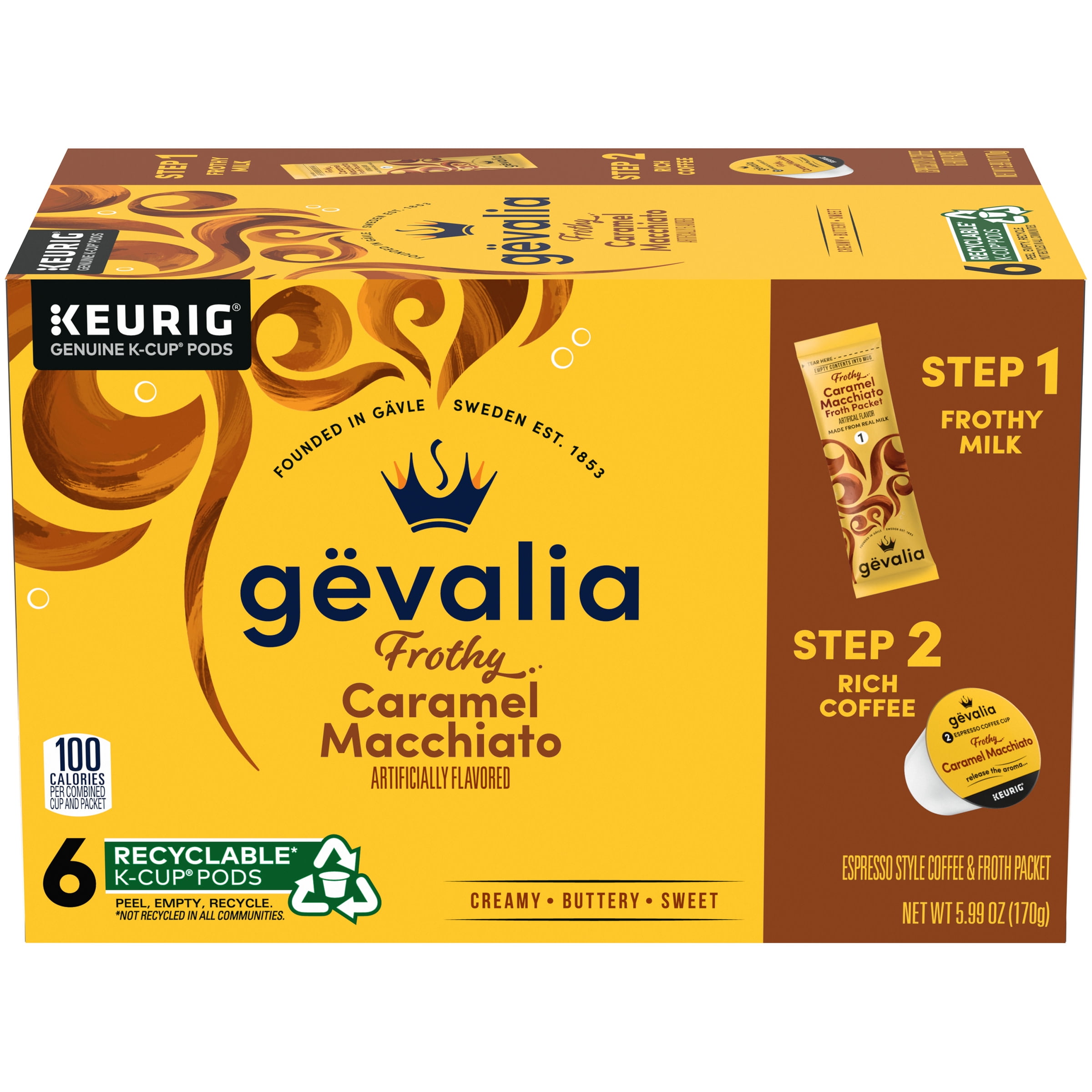 Gevalia Caramel Macchiato KCup Pods with froth Packets, 6 count Box