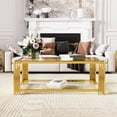 thumbnail image 2 of GZXS Modern Rectangle Coffee Table with Asymmetrical Gold Metal Frame, 47.5" Clear Tempered Glass Top & Lower Shelf, 2-Tier Accent Center Table for Living Room, 2 of 9