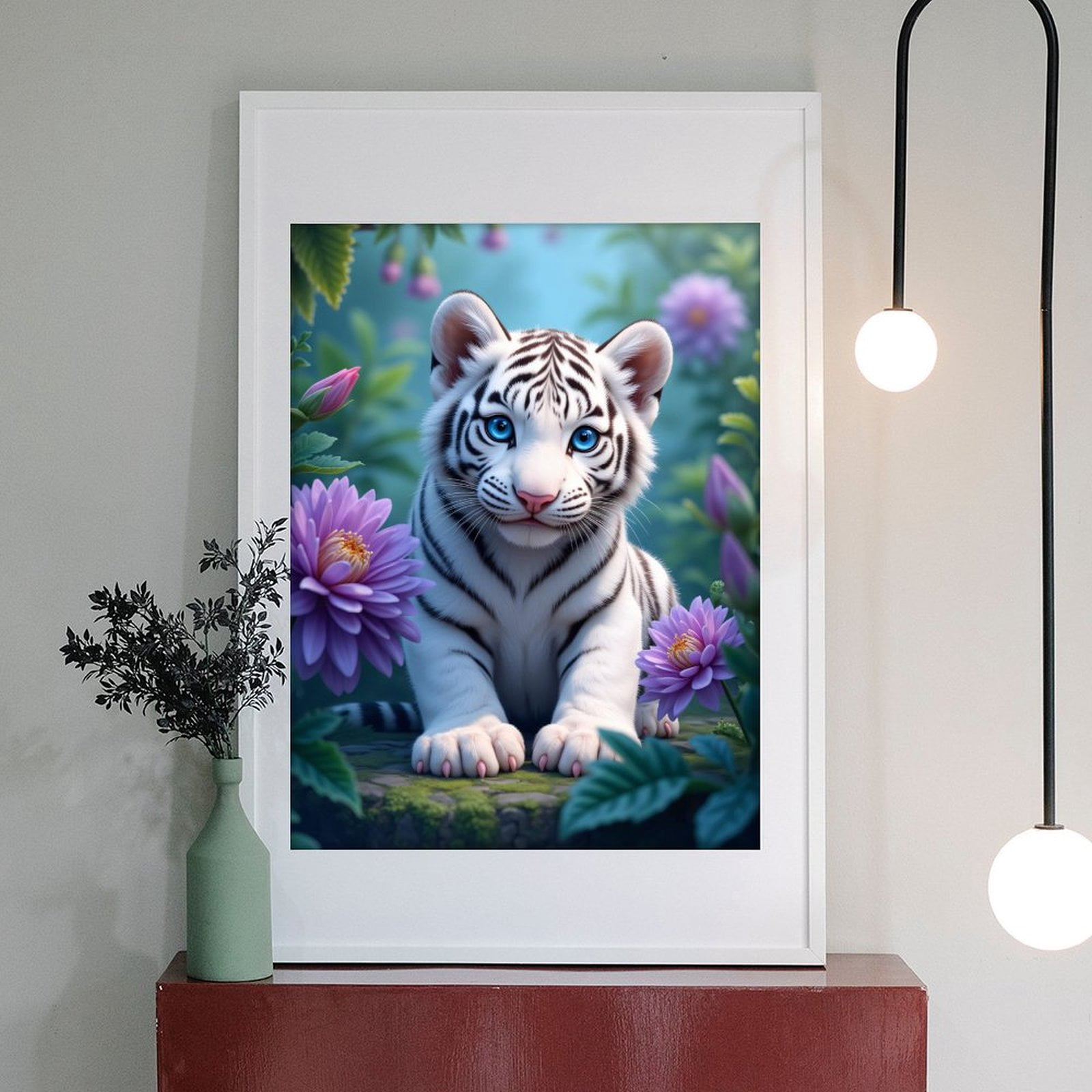 Diamond Art Kit for Adults, White Tiger Cub Amidst Blossoms Diamond Painting for Adults Beginners, DIY Diamond Art Painting Kits, 5D Diamond Painting Crafts for Home Decor 12x16 Frameless