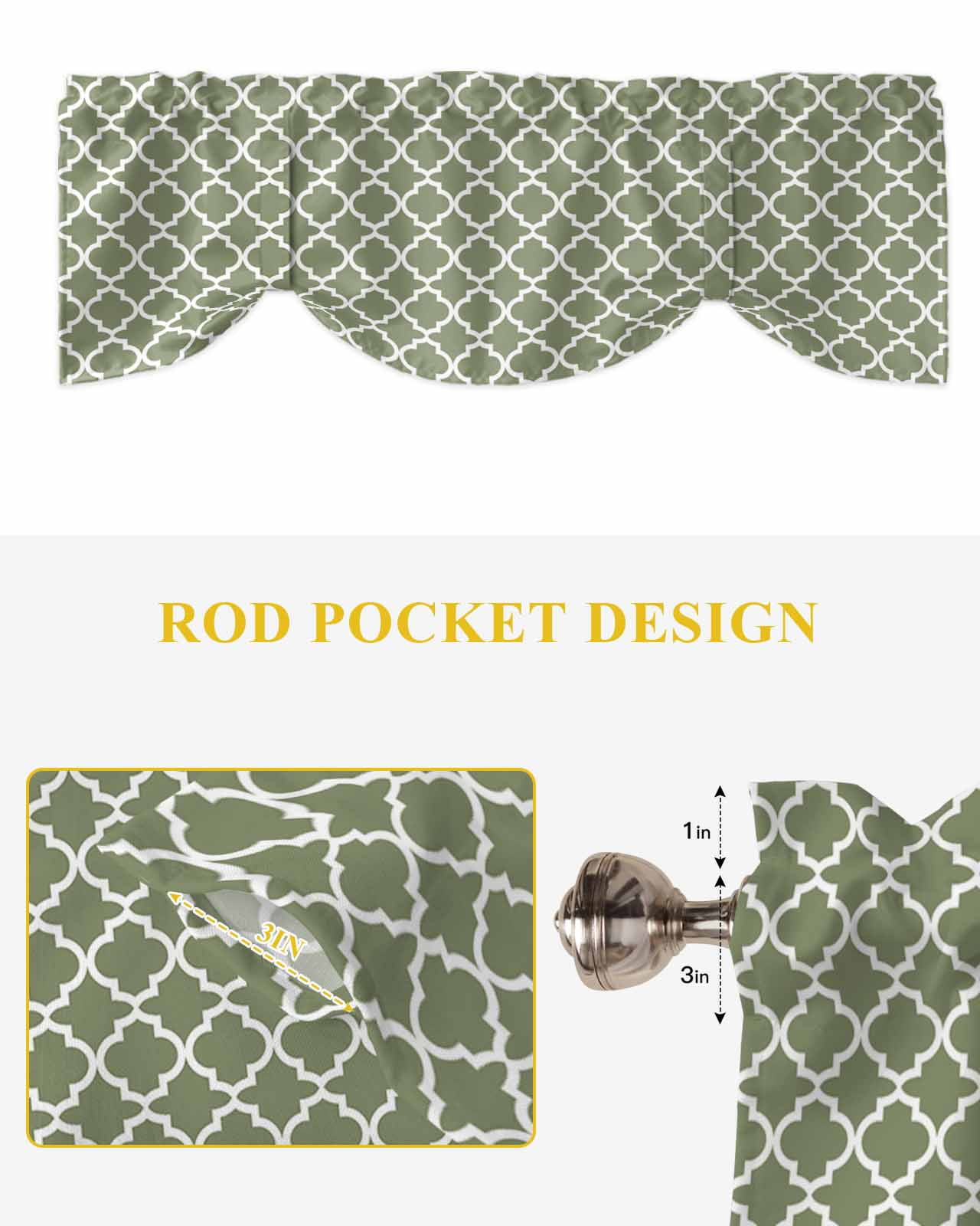 Moroccan Tie Up Valances Curtain, Adjustable Kitchen Moss Green Geometric Valances for Windows Decor, Rod Pocket Short Curtains Set for Bedroom/Bathroom, 60"x18"
