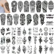 GLARYYEARS Maori Temporary Tattoo for Men Adults, 46-Pack Large Small size Realistic Tattoos, Totem Tribal Tiki Turtle Manta Fake Tattoo Stickers, Long-lasting Cool Black Body Half Arm Tattoos