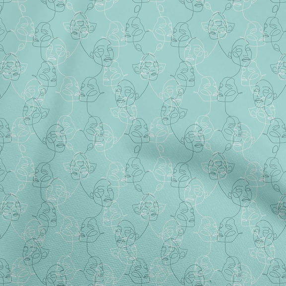 oneOone Cotton Silk Teal Blue Fabric Asian Face Line Drawing Diy Clothing Quilting Fabric Print Fabric By Yard 42 Inch Wide