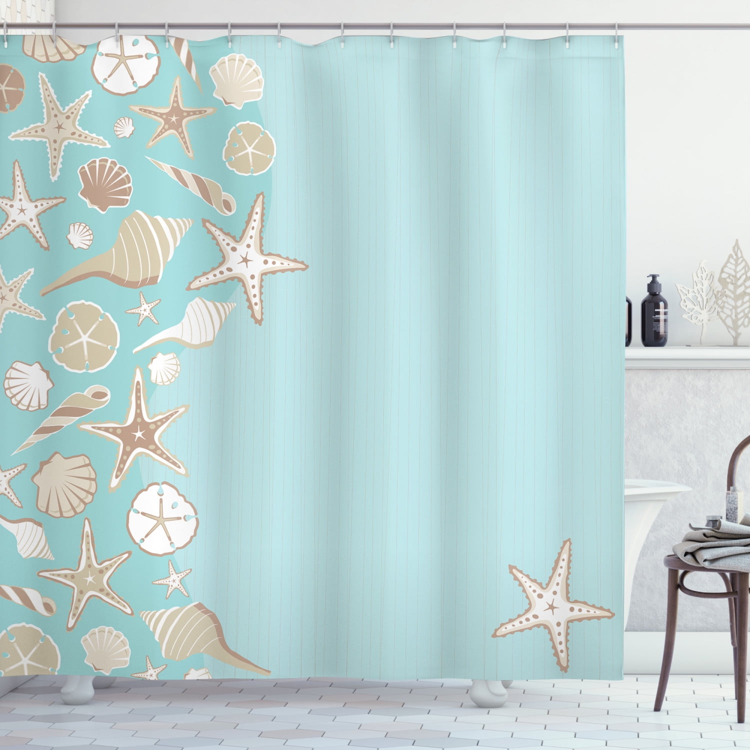 Ambesonne Shell Shower Curtain, Beach Party and Thin Lines, 69"Wx70"L
