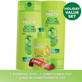 ($16 Value) Garnier Fructis Grow Strong Shampoo Conditioner and Treatment Gift Set, Holiday Kit
