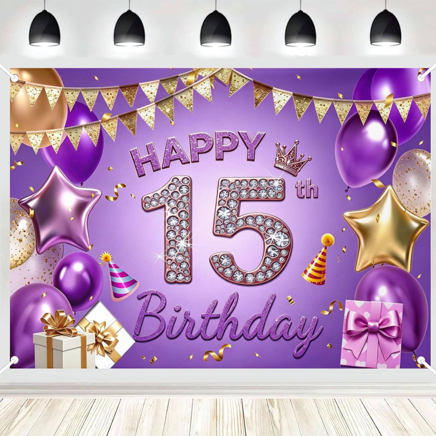 Happy 15th Birthday Polyester Backdrop Purple Gold Party Photo Booth Background Banner for Indoor & Outdoor Use 16x24in