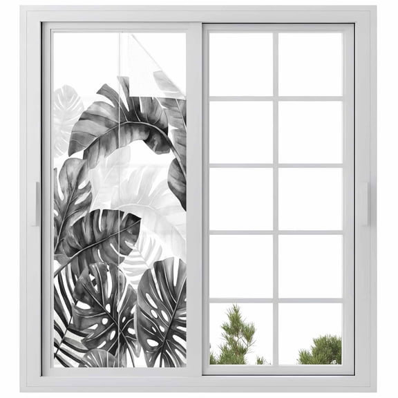 Grey Black Leaves Window Privacy Film, Summer Botanical Watercolor Leaf Static Cling UV Sun Blocking Heat Control Window Tint Day and Night, Non-Adhesive One Way Windows Privacy Cover 29.5''x78.7''