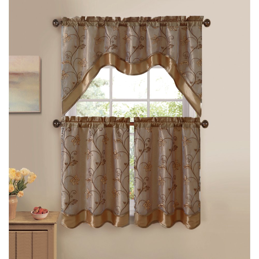 3 Piece Double Layer Leaf Embroidered Kitchen Window Curtain Set with