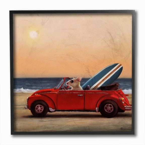 Stupell Industries Mouse Beach Cruise Surf and Sand Car Framed Wall Art Design by Lucia Heffernan, 12" x 12", Black Framed