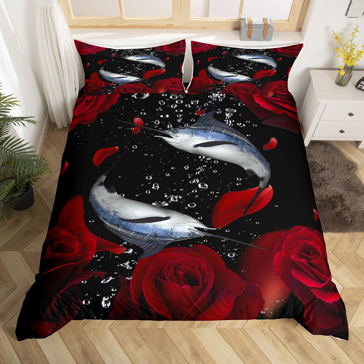Marlin Swordfish Bedding Set Red Rose Bush Comforter Cover for Boys