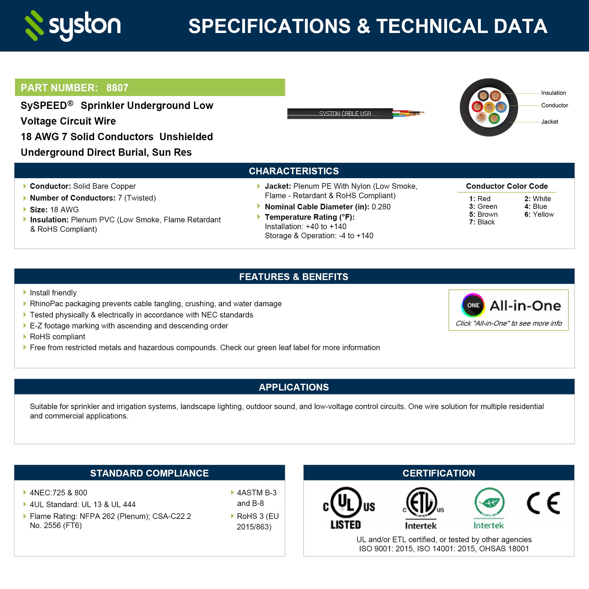 SYSTON 18/7 Solid Copper Sprinkler Wire, 18 Gauge 7 Conductors Irrigation Wire, Direct Burial UV Water Resistant PE Jacket for Underground Irrigation Systems, Field Central Control System