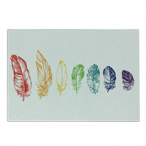 Nature Cutting Board, Group of Ink Drawing Style with Rainbow Feathers Natural Art Print, Decorative Tempered Glass Cutting and Serving Board, Small Size, Red Green Purple, by Ambesonne