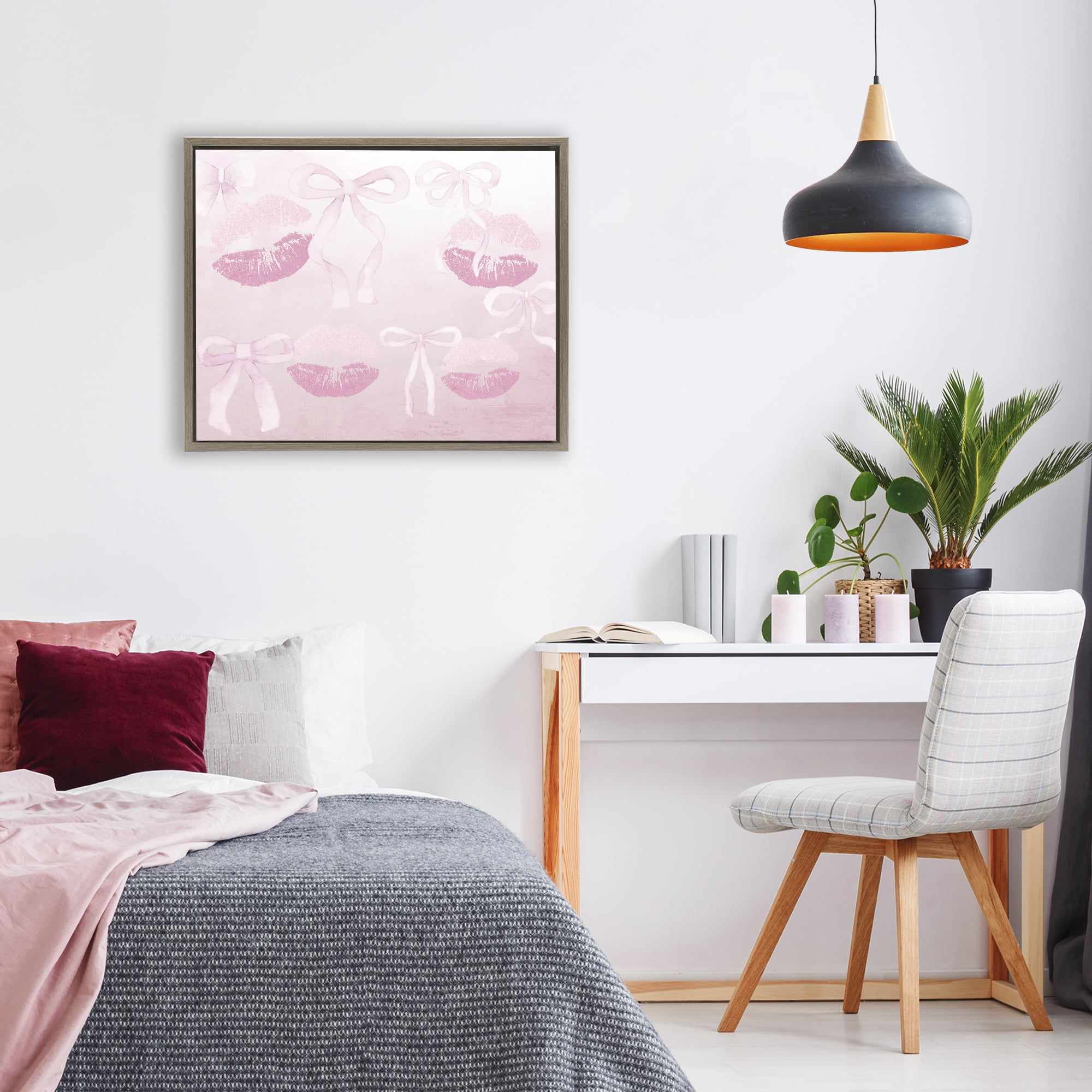Dreamy Bows & Lips Brown Framed Floater Canvas Wall Art, design by Kim Allen