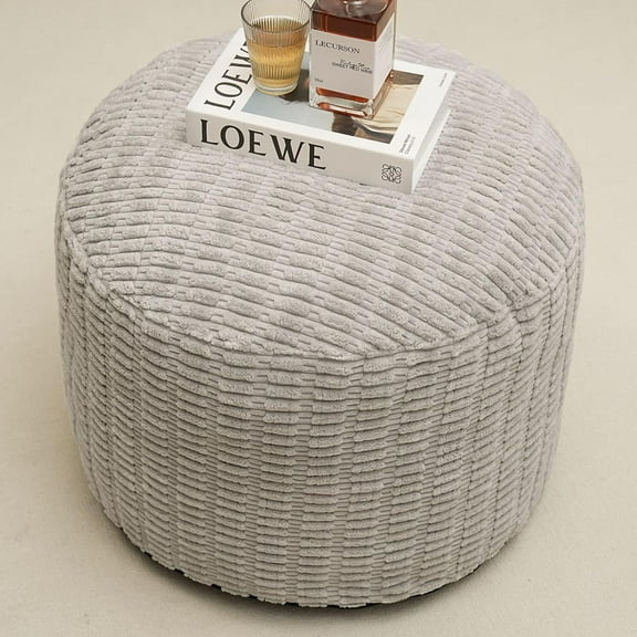Round Stuffed Pouf Ottoman for Foot Rest, Storage Ottoman Pouf Foot Stool Cushion, Faux Fur Poufs with Foam Chunk Filling, 20 X 15 Inch Floor Chair for Living Room Bedroom Home Decor, Light Gray