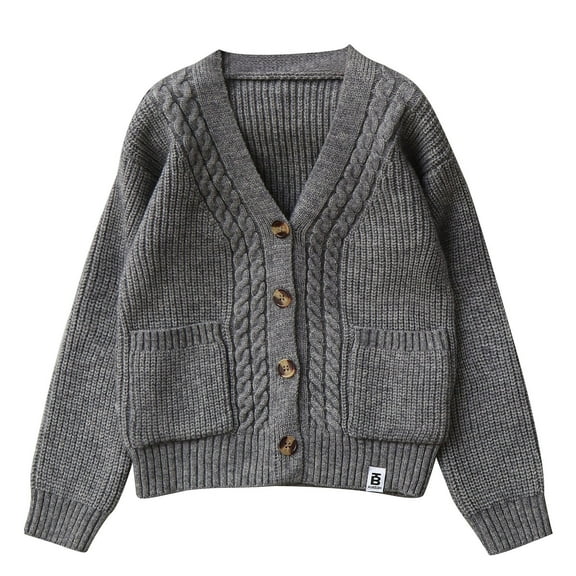 IVEYRTF Big Boys Girls Knit Cardigan Button Solid Color Cozy Fall Winter Casual Warmth Outerwear Sweater Tops with Pockets for Kids 5-14 Years(Gray#2,7 Years)