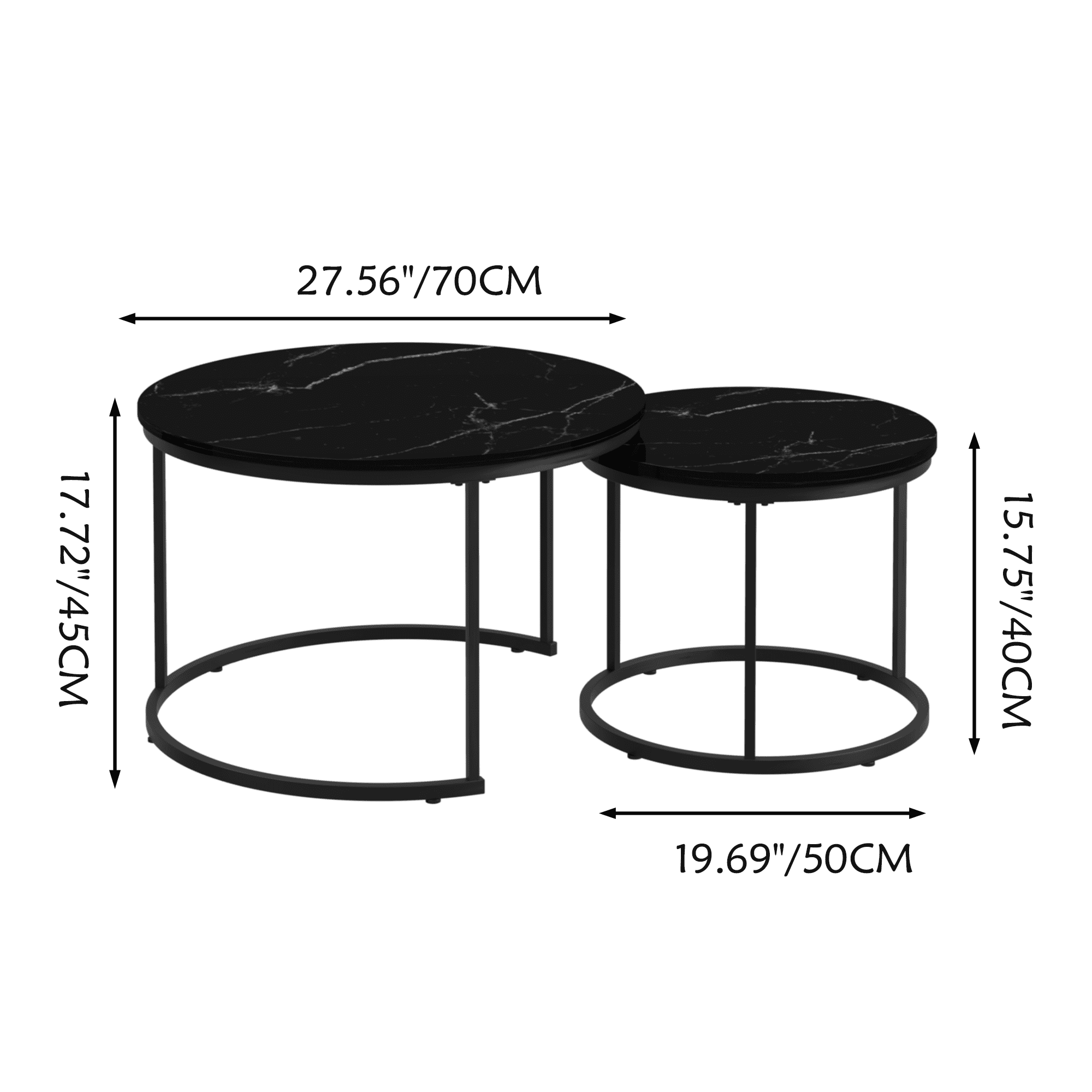 Yoneston 27.6" Round Coffee Table Set of 2, Wood Marble Pattern Top with Sturdy Metal Frame for Living Room Bedroom Balcony Yard, Black