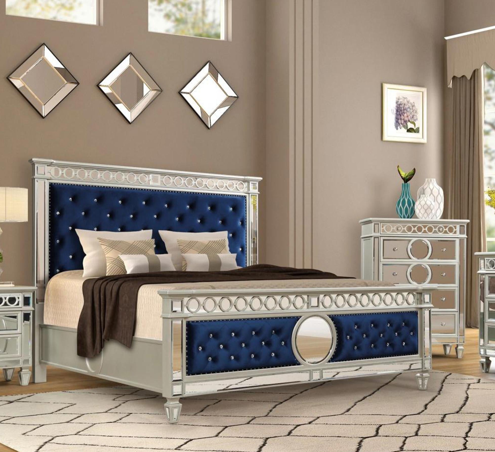 Blue Velvet & Mirror Accents Tufted King Bed McFerran B1688K