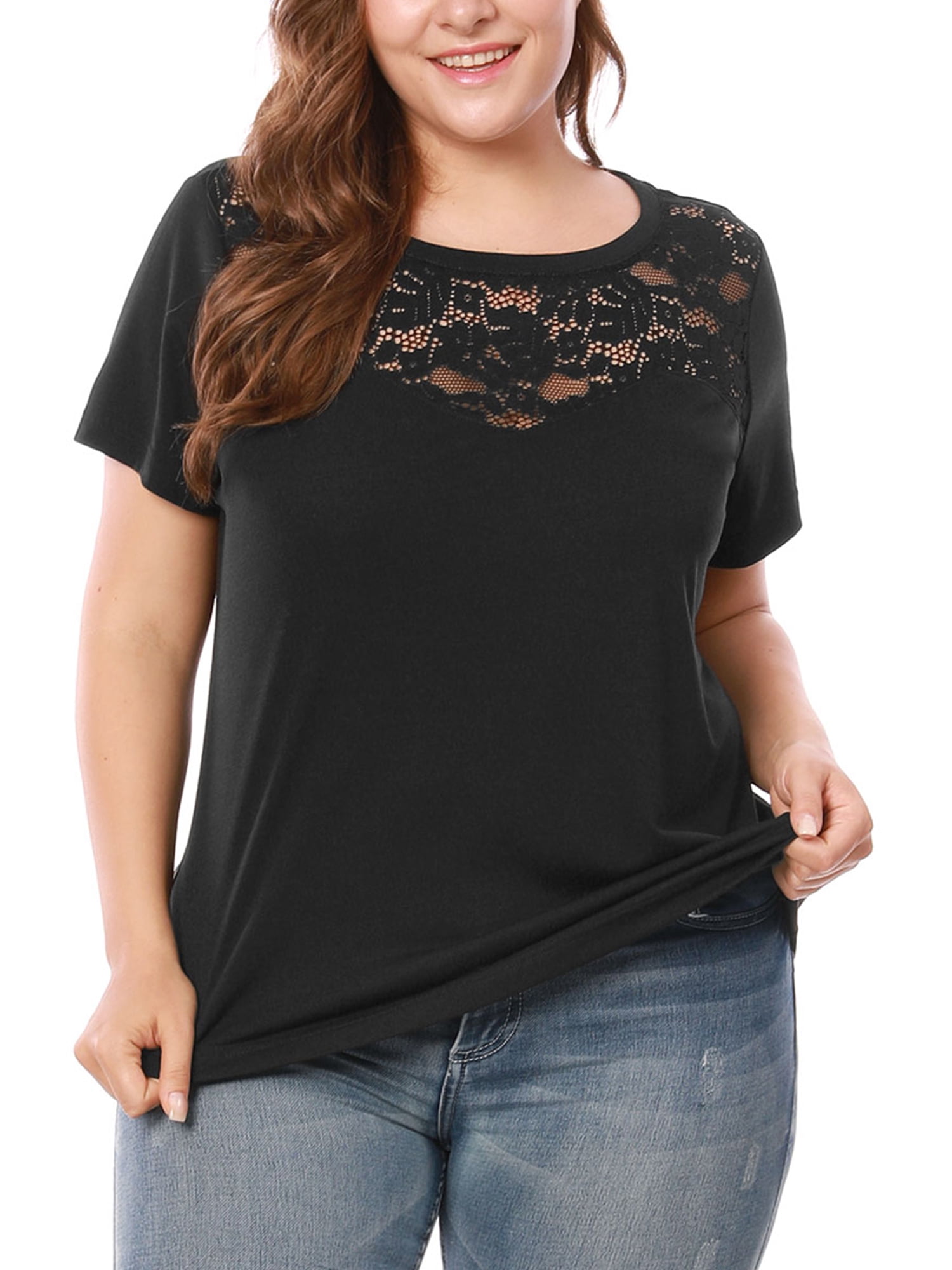 Unique Bargains Women's Plus Tops Lace Panel Round Neck Short Sleeve Blouse