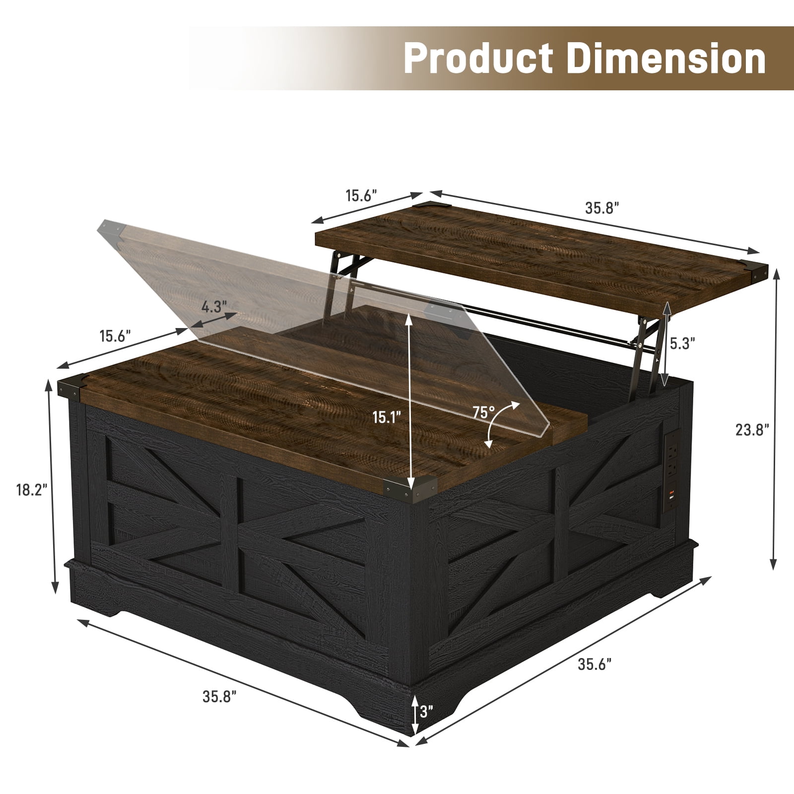 ANPOO 36" Movable Lift Top Coffee Table with Storage & Power Outlets, Farmhouse Square Coffee Table w/Wheels & Large Hidden Space, Wooden Center Table for Living Room(Black/36")