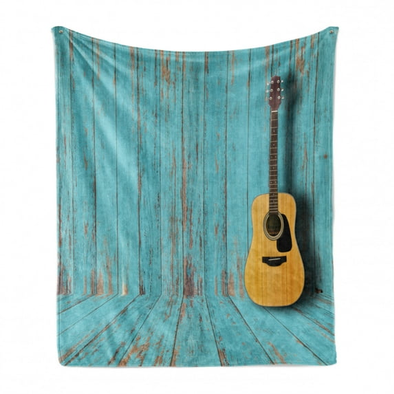 Rustic Wood Soft Flannel Fleece Throw Blanket, Guitar Leaned Against a Vintage Wall with Weathered Paint, Cozy Plush for Indoor and Outdoor Use, 70" x 90", Pale Brown Pale Teal, by Ambesonne
