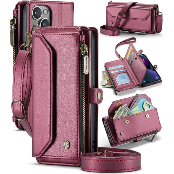for iPhone 13 Case, Crossbody Wallet Phone Case with RFID Blocking Kickstand, Anti-Drop Wireless Charging Card Slots, PU Leather Shoulder Bag Clutch Adjustable Strap