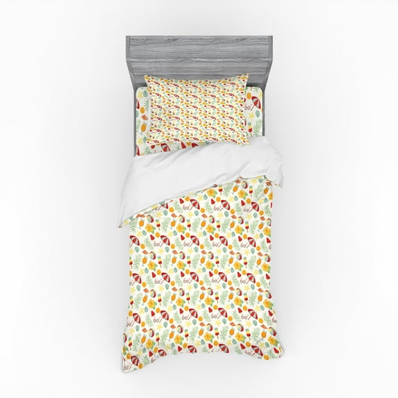 Summer Duvet Cover Set, Continuous Hot Seasonal Fun Pattern with Popsicle Flowers Parasol Cocktail, Bedding Set with Shams and Fitted Sheet, 3 Sizes, by Ambesonne