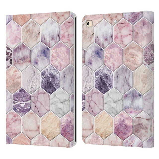 Micklyn Le Feuvre Marble Patterns Rose Quartz And Amethyst Stone And Hexagon Tile Leather Book Wallet Case Cover Compatible with Apple iPad 9.7 2017 / iPad 9.7 2018