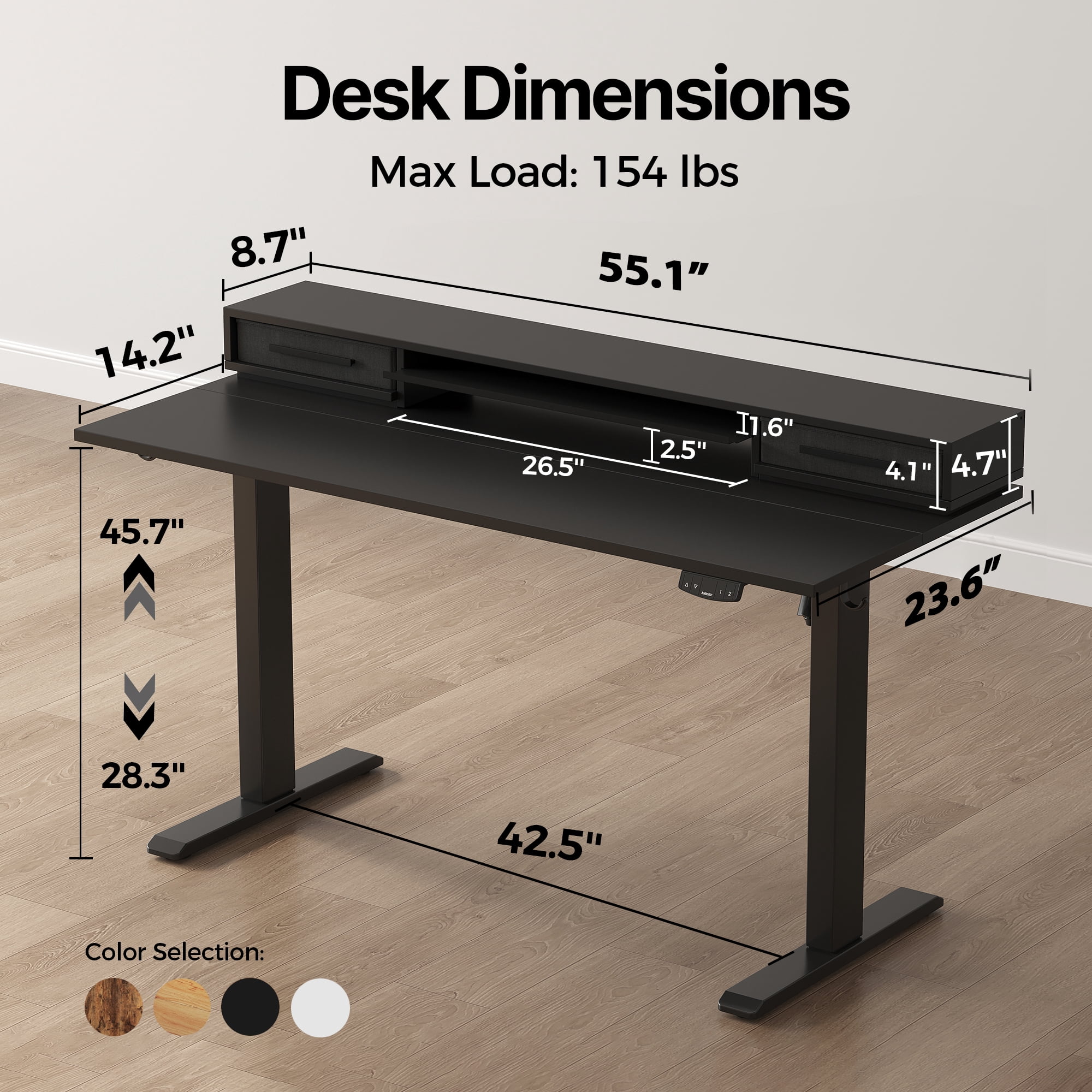 55.1 Inch Electric Standing Desk with Double Drawers & Stand up Desk with Storage Shelf, Height Adjustable Ergonomic Home Office Desk with Hooks, Computer Workstation for Home and Office, Black