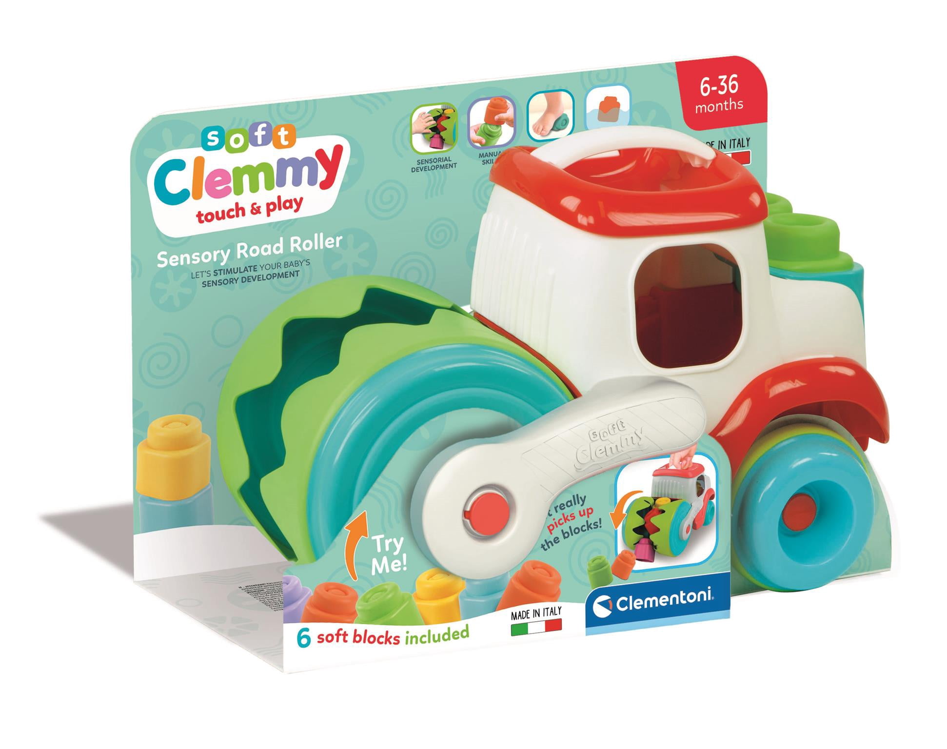 Clementoni Sensory Steamroller Brick Eater Roller with 6 Clemmy Blocks, for Toddlers 6-36 Months, 17495