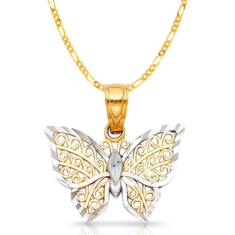 14K Two Tone Gold Fancy Monarch Butterfly Charm Pendant with 2mm Figaro 3+1 Chain Necklace 