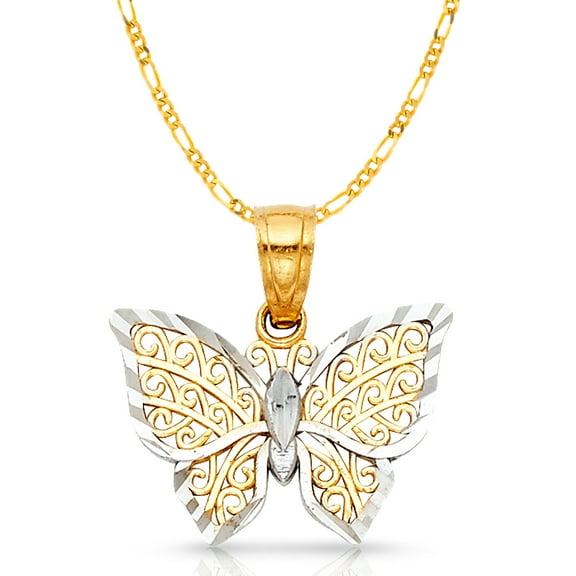 14K Two Tone Gold Fancy Monarch Butterfly Charm Pendant with 1.2mm Figaro 3 1 Chain Necklace - 16"