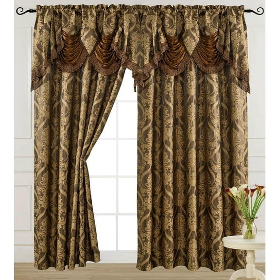 Luxury Jacquard Curtain Panel with Attached Waterfall Valance, 54 by 84-Inch Ashley Light Brown (2-Panels)