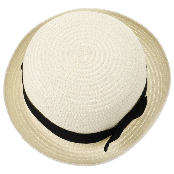 FRCOLOR Women's Bowler Sun Hat with Sweet Bowknot and Brim Straw Beach Hat in Creamy White, Free Size