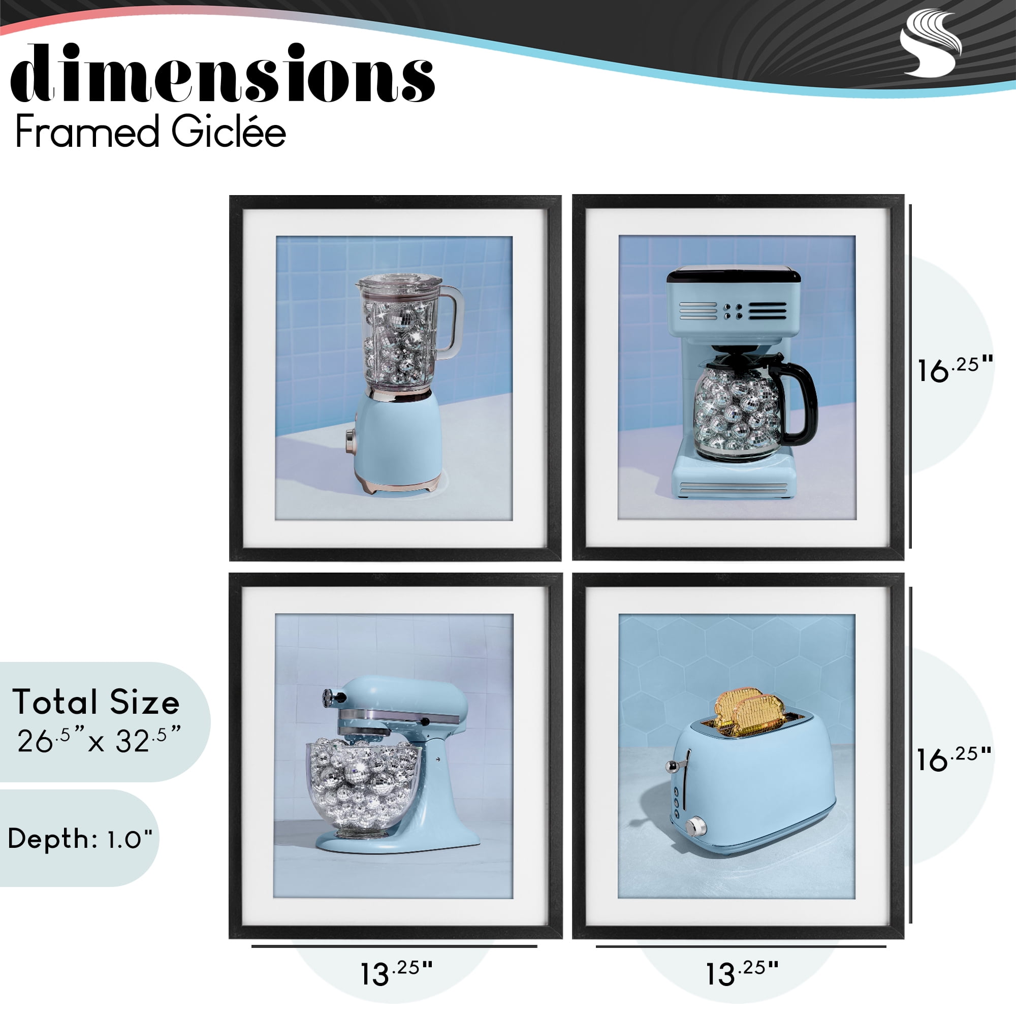 Stupell Industries Disco Kitchen Set over Blue 4 Piece Black Framed Print Under Glass Set, design by LISH Creative