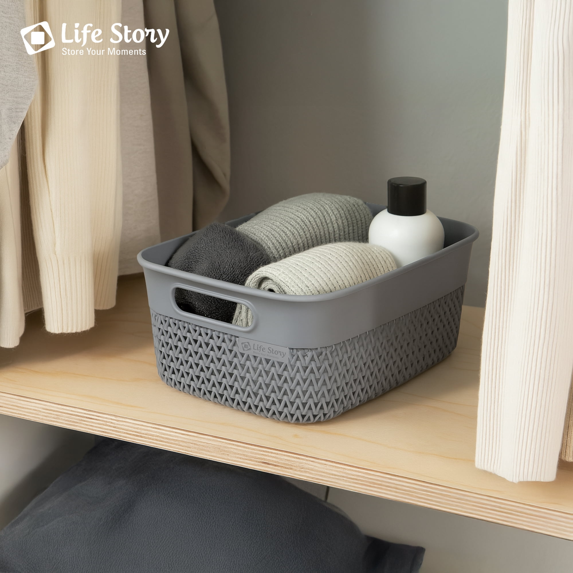 Life Story 10 Quart Decorative Storage Basket, Medium Plastic Home Organizer, Gray