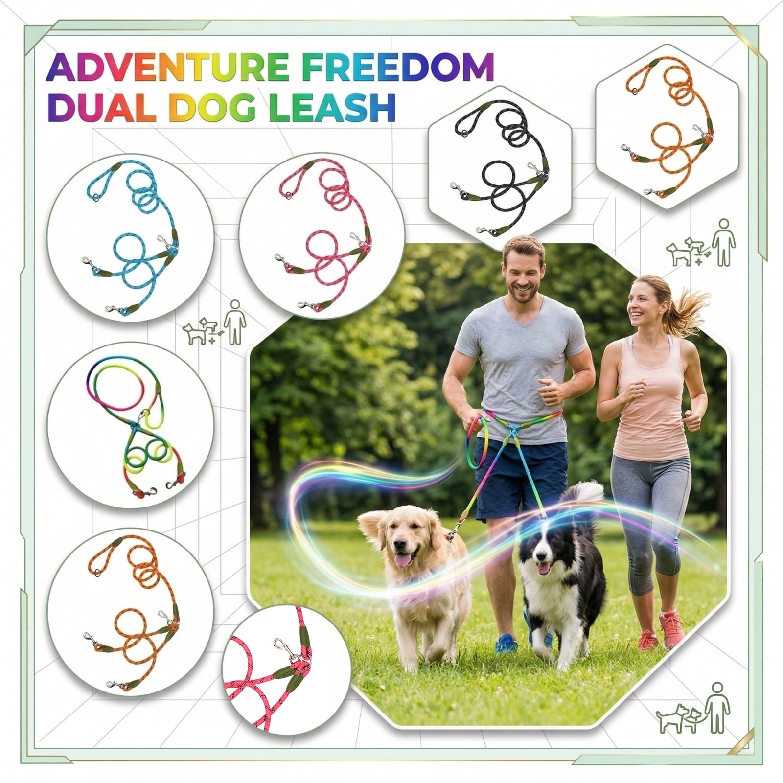Dual Dog Leash, Reflective Nylon Round Leash with Adjustable Strap for Hands-Free Walking, Running, Hiking with Dogs, Pink