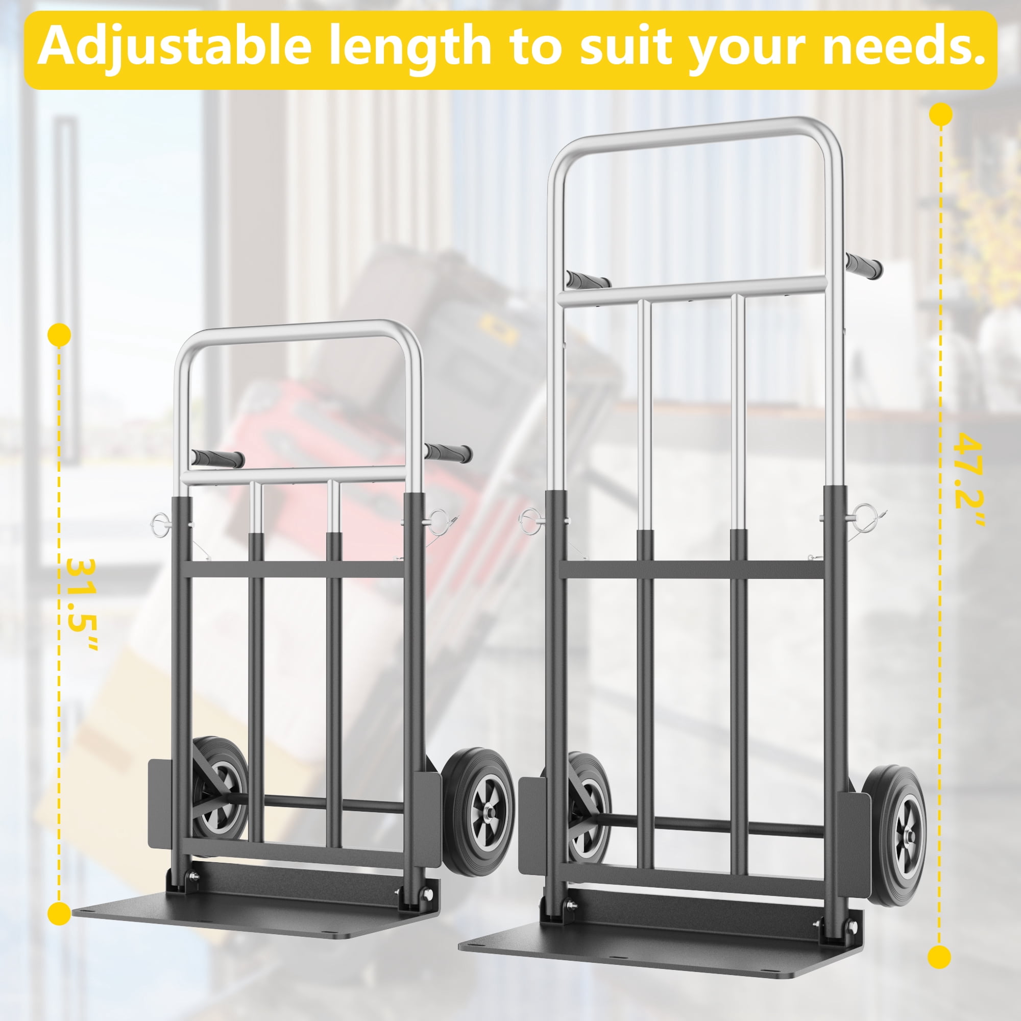 GIOTORENT Folding Hand Truck 600 lb Capacity, Heavy-Duty Convertible Dolly Cart with Telescopic Handle & Bungee Cords for Warehouse, Home, and Office Use