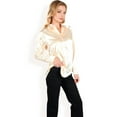 thumbnail image 3 of Women's Satin Button-Up Blouse with Collared Neck and Long Sleeves - Medium, Beige, 3 of 7