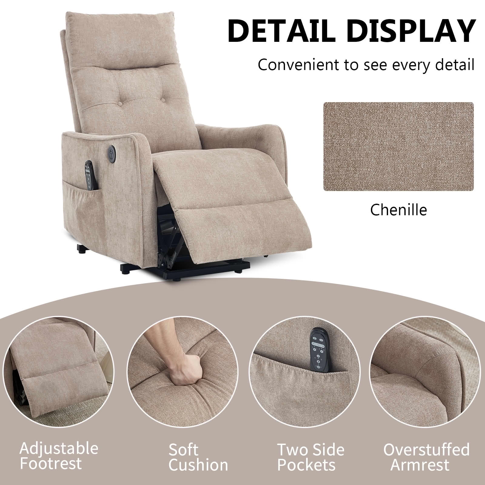 MAYEERTY Khaki Chenille Power Lift Recliner Chair, Massage Heat USB Port 25"x36"x39" for Elderly