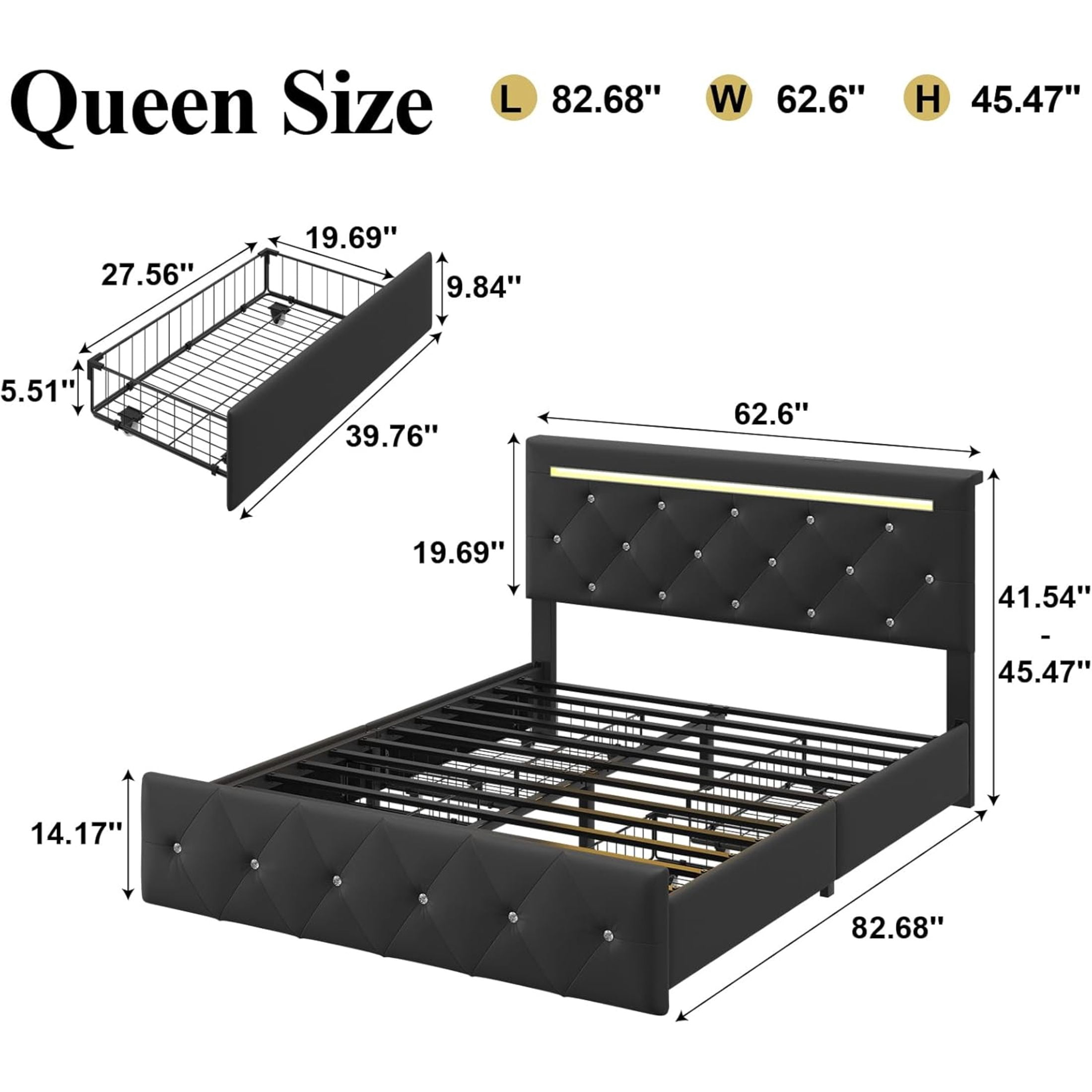 Noble House Quinci Queen Bed Frame with LED Light and Adjustable Headboard, Storage Drawers & Charging Station, Black