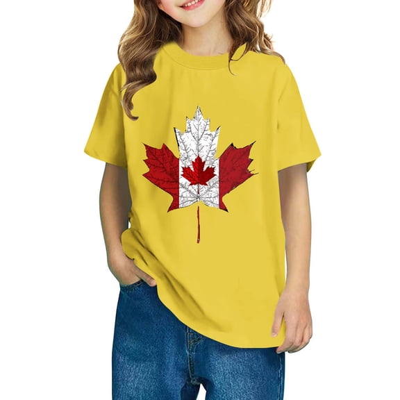 Girls Canada Day Maple Leaf Tshirts Summer Short Sleeve Patriotic Shirts Kids Crew Neck Cotton T-Shirts Yellow， 3 Years