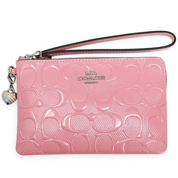 Coach Women's Small Corner Zip Wristlet in Signature Leather with Heart Charm (Pink)