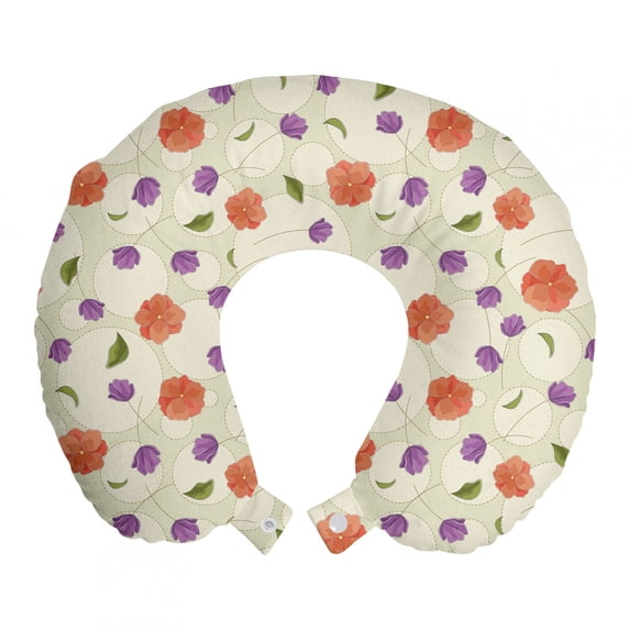 Flowers Travel Pillow Neck Rest, Pink and Purple Flowers and Falling Leaves Images Along Geometric Circles Pattern, Memory Foam Traveling Accessory Airplane and Car, 12", Multicolor, by Ambesonne