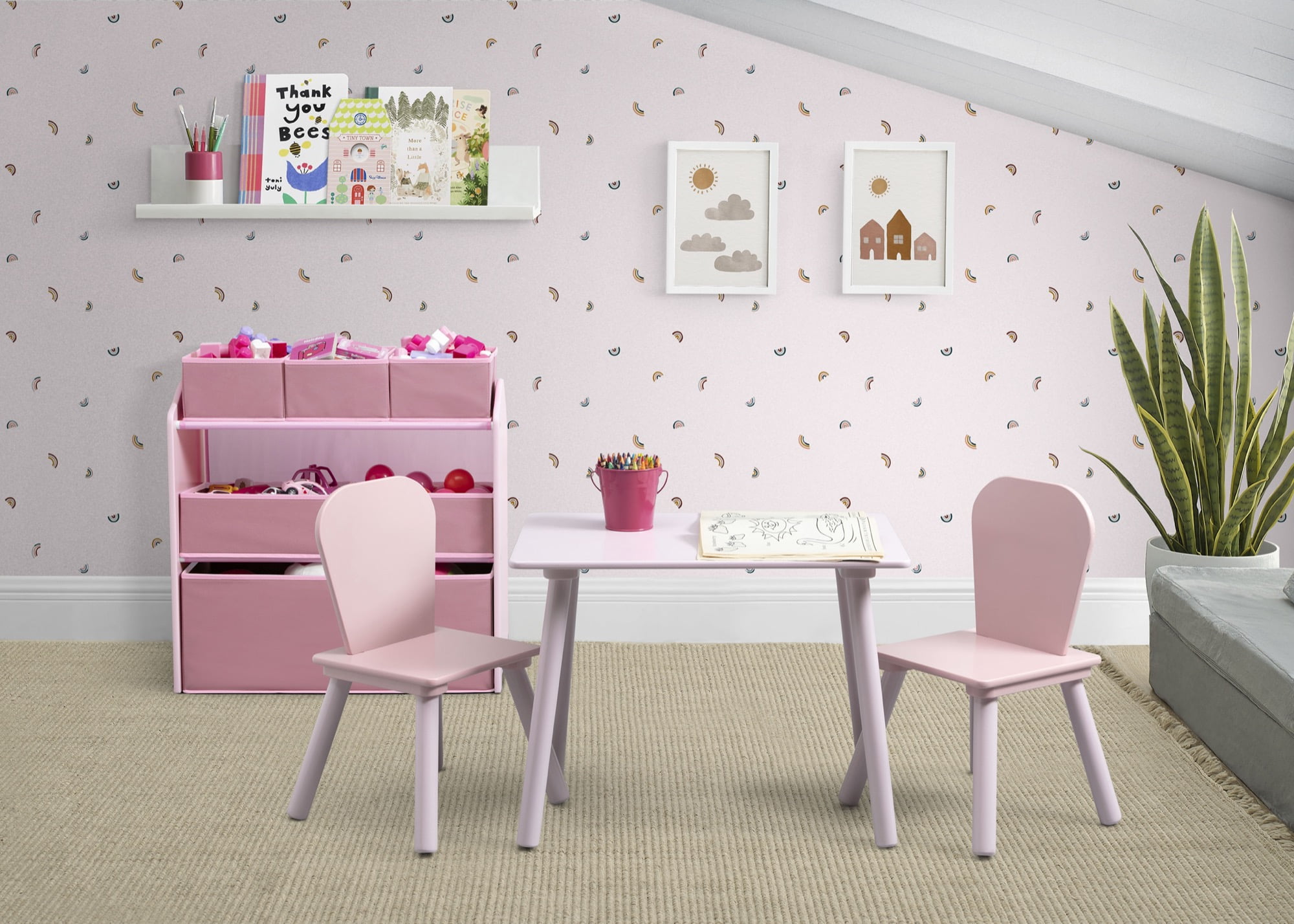 Delta Children 4-Piece Toddler Playroom Set – Includes Play Table, 2 Chairs and 6 Bin Toy Organizer with Reusable Vinyl Cling Stickers, Light Pink/Dark Pink